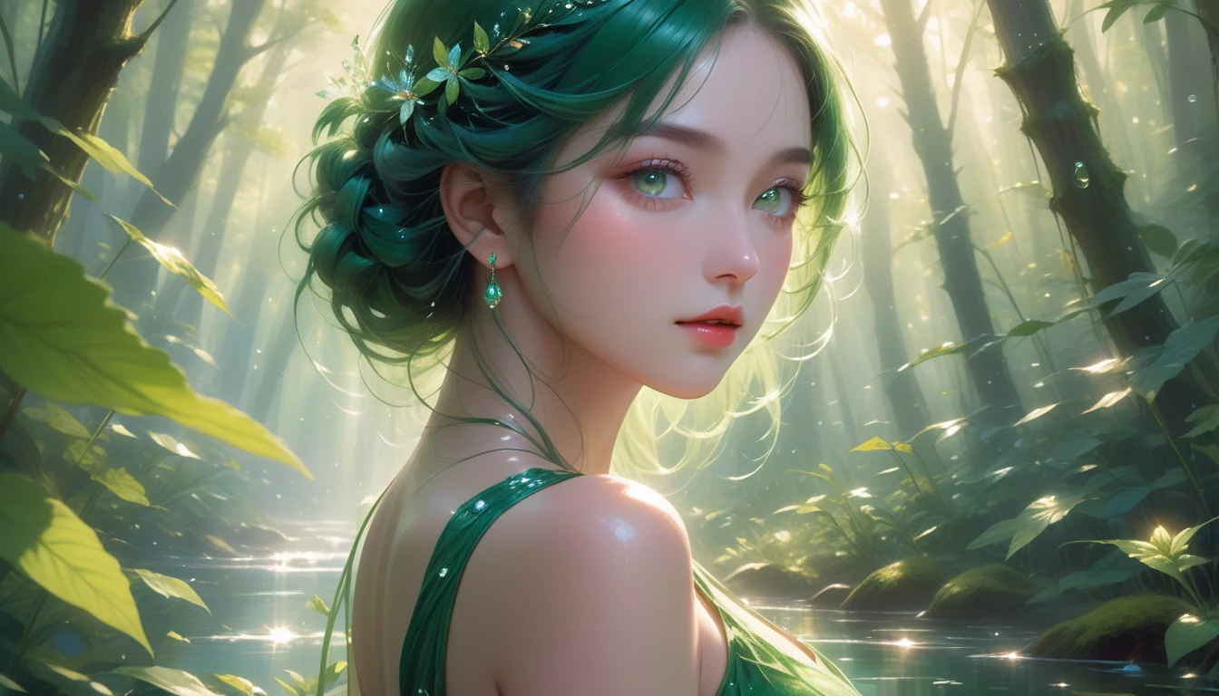 A Masterpiece In 32K Resolution, Supreme Quality, Super Detail, Official Art, Very High-Resolution 32K Wallpaper, Serene And Aesthetic, Ultra-Detailed Features, Awe-Inspiring Detail. A Lush Forest With (Sunlight Filtering Through Leaves), (Dew-Drops On The Grass), And Skin With A Gentle, Dewy Glow (Highlight Her Ample Breasts). A Girl With A Soft, Thoughtful Expression, Flowing Dark Green Hair, Cascading Like Vines, And Bright Emerald Eyes That Sparkle With Life. Her Features Are Delicate And Breathtaking, Wrapped In (Sunlit Forest Shadows). (Beautifully Detailed Beauty), With Gentle Expressions That Echo The Peaceful Atmosphere. The Water Reflects The Forest's Rich Colors, And Her (Graceful Face) Is Brought To Life With Unmatched Precision. This Original Artwork Captures The Essence Of Nature, Showcasing A Figure Both Harmonious And Incredibly Detailed.