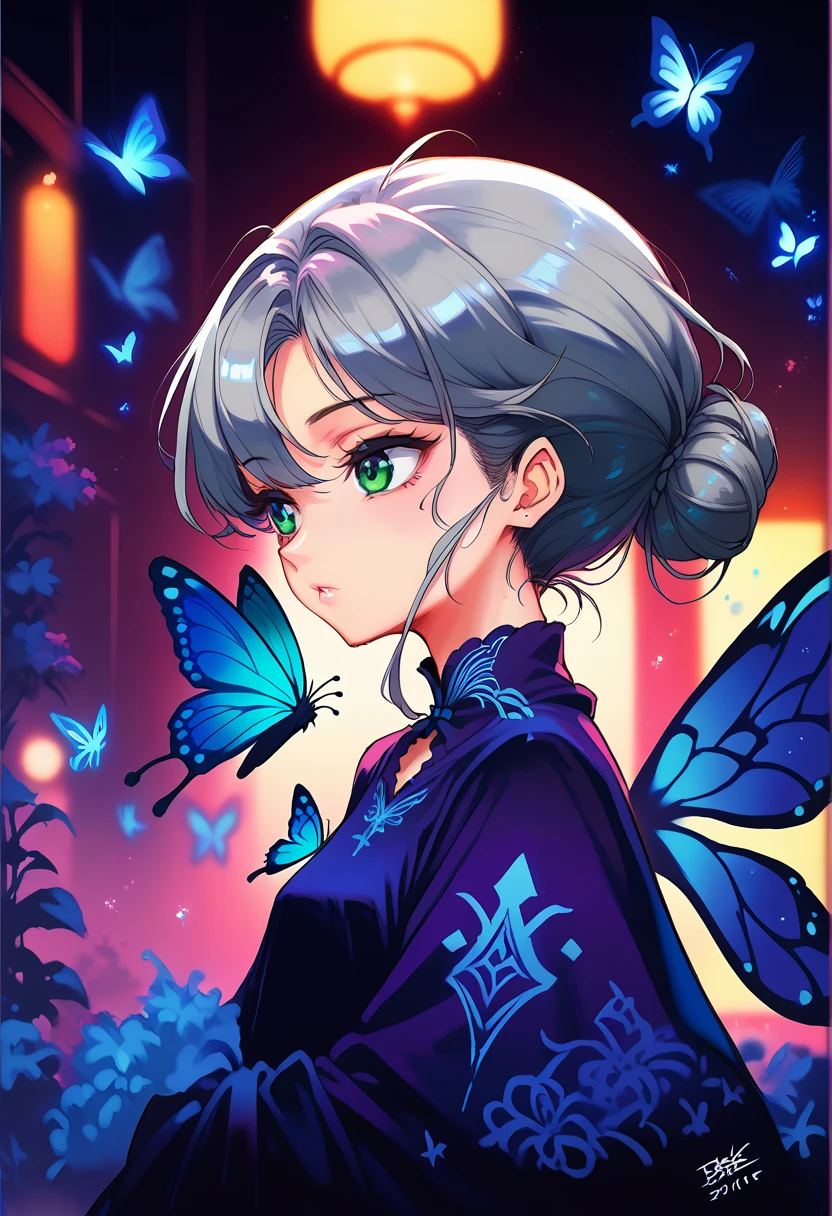 ((masterpiece)), (((best quality))), ((extremely detailed)), colorful, hdr, 1girl, solo, upper body, grey hair,green eye, luotianyi (xiachong),xiachong, black and purple dress, (blue butterfly), white butterfly wings