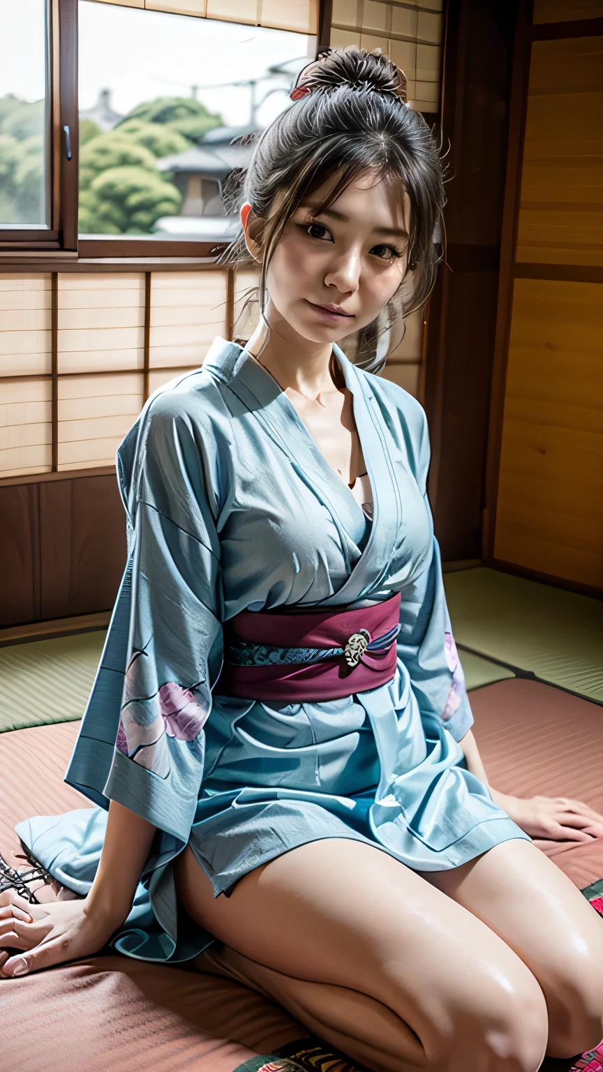 Woman lying on futon、(Light blue kimono with blue floral pattern:1.3、Miniskirt kimono)、(Sitting in a Japanese house、Girl&#39;s Room)、(Squint your eyes and laugh、A big smile)、(Realistic、As shown in the picture、Live Action、8k, Realistic, RAW Photos, Best image quality: 1.4), SLR camera、RAW Photos, Best Quality, Realistic, Highly detailed CG Unity 8k wallpaper, Written boundary depth, Cinematic Light, Lens Flare, Ray Tracing, Realistic background、((White skin))、 ((whole body:1.5))、(Long black hair、Put your hair up)、I like that style、stylish、Very detailed、Pay attention to the details、Perfect outfit、Top view