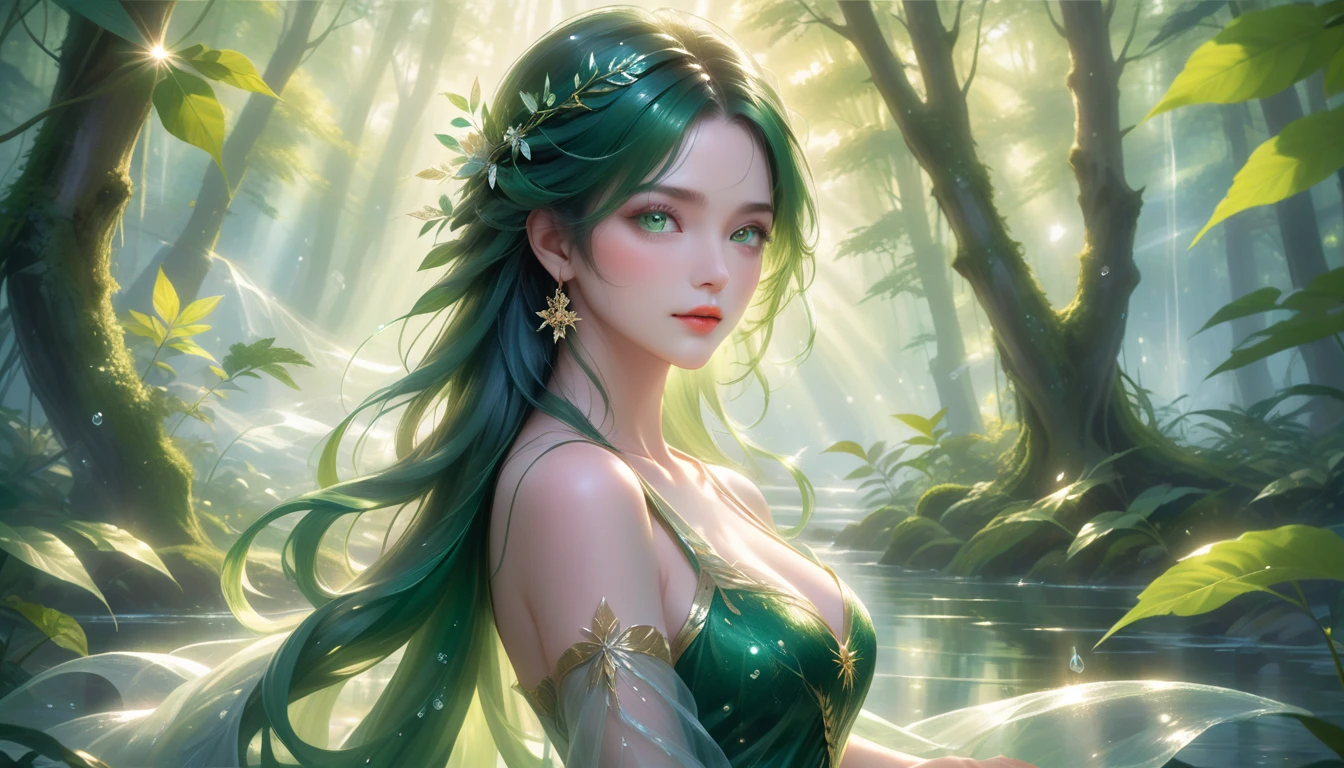 A Masterpiece In 32K Resolution, Supreme Quality, Super Detail, Official Art, Very High-Resolution 32K Wallpaper, Serene And Aesthetic, Ultra-Detailed Features, Awe-Inspiring Detail. A Lush Forest With (Sunlight Filtering Through Leaves), (Dew-Drops On The Grass), And Skin With A Gentle, Dewy Glow (Highlight Her Ample Breasts). A Girl With A Soft, Thoughtful Expression, Flowing Dark Green Hair, Cascading Like Vines, And Bright Emerald Eyes That Sparkle With Life. Her Features Are Delicate And Breathtaking, Wrapped In (Sunlit Forest Shadows). (Beautifully Detailed Beauty), With Gentle Expressions That Echo The Peaceful Atmosphere. The Water Reflects The Forest's Rich Colors, And Her (Graceful Face) Is Brought To Life With Unmatched Precision. This Original Artwork Captures The Essence Of Nature, Showcasing A Figure Both Harmonious And Incredibly Detailed.