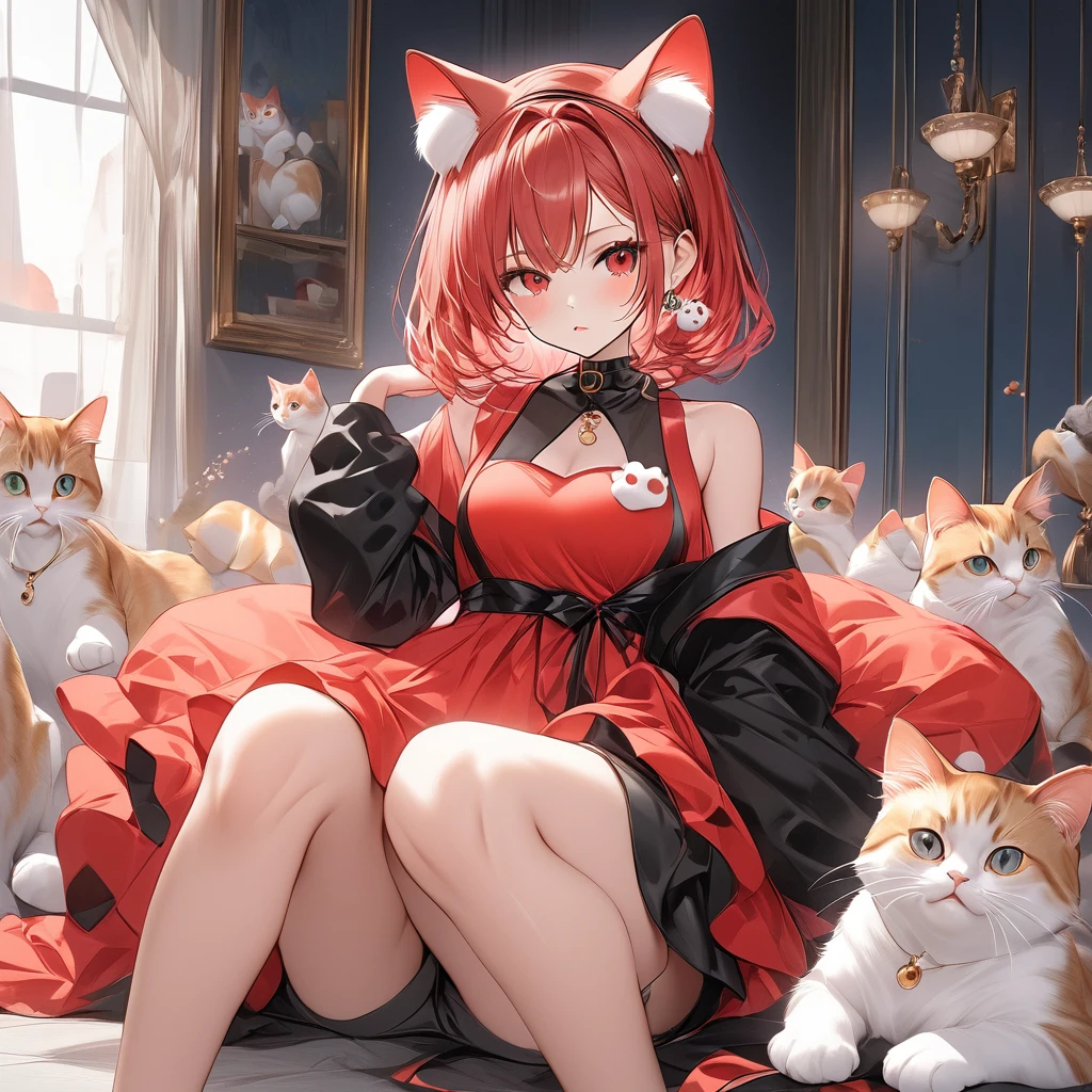 Woman wearing a costume,Cat costume,Three-haired cat,Cat paws,Red eyes,,masterpiece,Best Quality,Exquisite,8k,Absurd,Ultra-fine illustrations,front