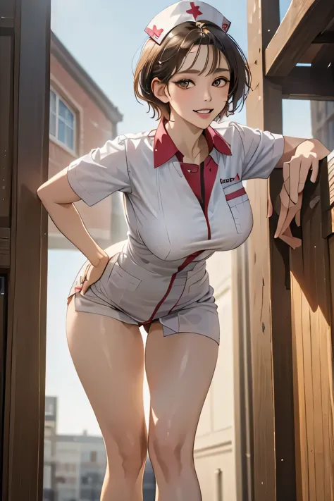 ((1 female, 40 years old)), ((sexy nurse uniform)), masterpiece, (from below), ((big breasts)), (squat), (big hips), (sexy pose)...