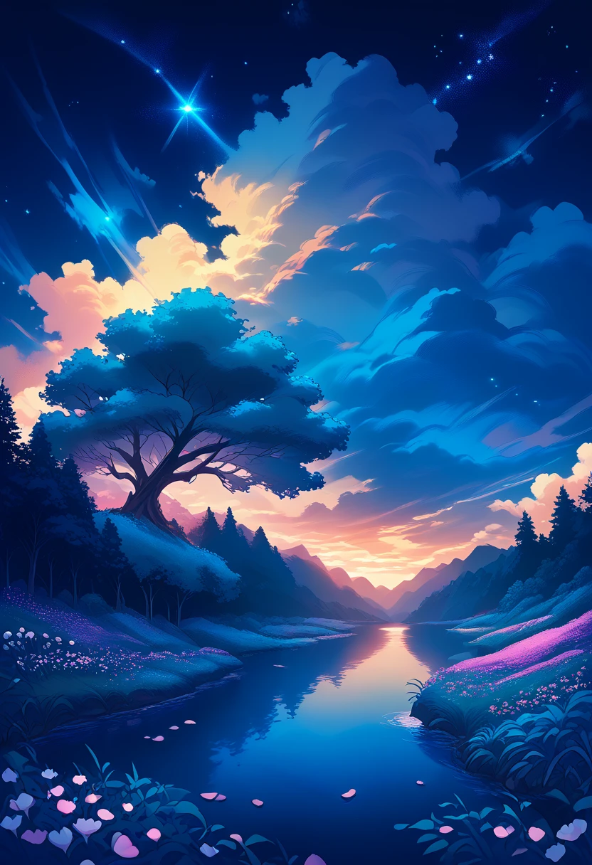 (magical pretty night sky green stream overlay scene), (sky), (clouds), soft lighting, clean background, beautiful landscapes, masterpiece, high quality, beautiful graphics, high detail, epic landscapes, USA, flowers, clouds, (night starry sky, river behind, huge old trees behind, falling glowing pink petals behind)