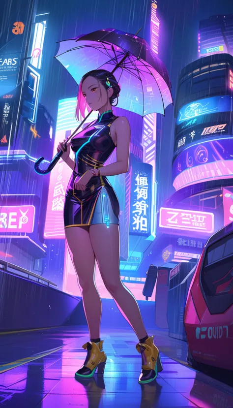 (最high quality), (super fine), (masterpiece), figure, 一个女孩chinese costume賽博朋克, (holding an umbrella)，（cyberpunk，chinese costume，...