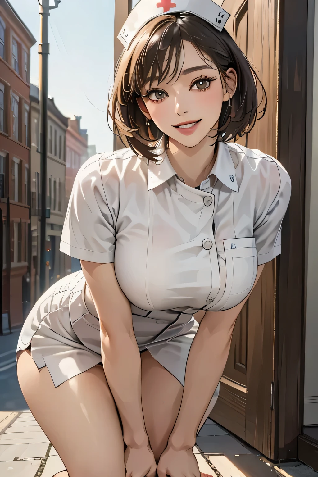 ((1 female, 40 years old)), ((Sexy nurse uniform)), masterpiece, (From below), ((Big Breasts)), (Squat), (Big Hips), (Sexy pose), (Very tanned and shiny skin),  (Skin dents), photoRealistic, Realistic, Alone, photoRealistic, Best Quality, Ultra-high resolution, Yura S, Outdoor, colorful, I parted my lips, Daytime setting, beautiful, masterpiece, Best Quality, Very detailedな顔, perfect lighting, Ultra-high resolution, Very detailed 