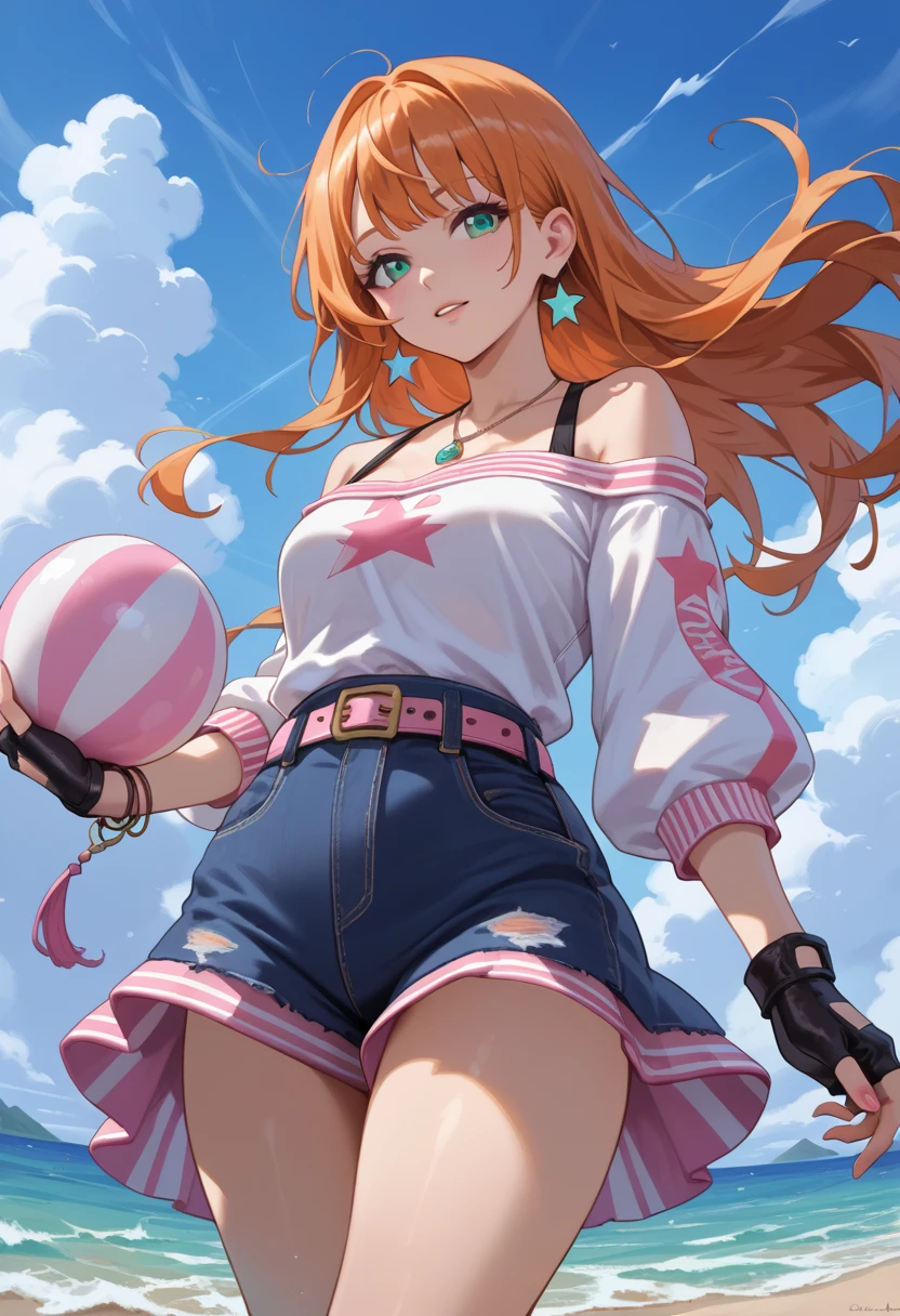 A girl with very long orange hair and bangs,and the hair flutters in the wind. eyes are completely white. She is dressed in a black and pink long off-shoulder blouse.,in light gray denim shorts,a soft pink velvet skirt with a belt,On the right leg is a long black and pink striped stocking. The hands are wearing fingerless gloves,and on the neck there is a white pendant...

A girl levitates over the sea,and the sea is worried. Ball lightning levitates in the hands of the girl. The sky is cloudy and stormy.

masterpiece, Accuracy, Very detailed, 