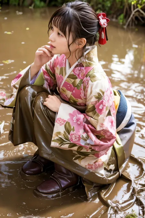 realistic, hakama, kimono, woman, furisode, clothes that stick to the skin, muddy clothes, clothes stained with mud, immersed in...