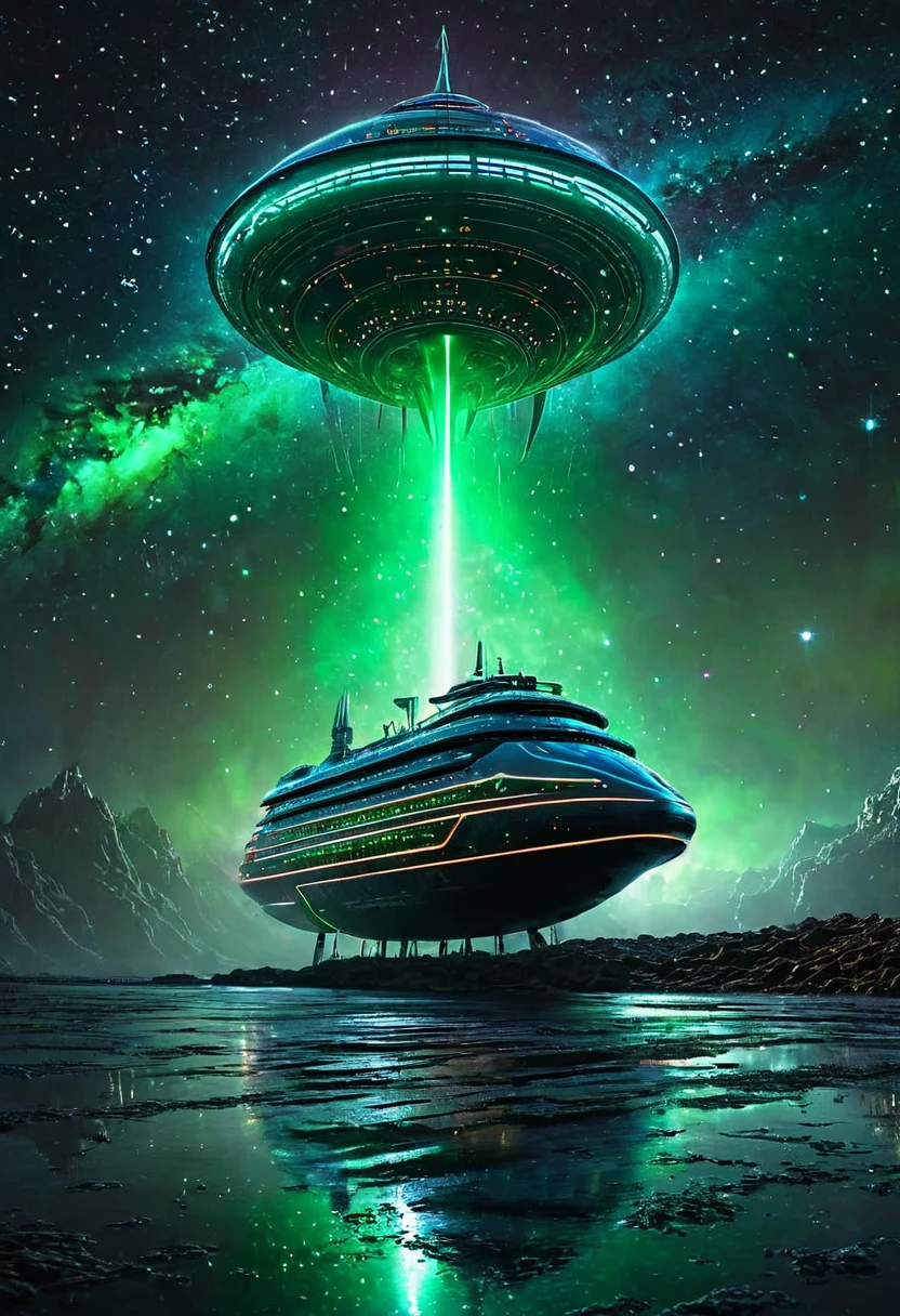 Organic shaped futuristic reflective alien ship in the center of the image, the ship has bright cosmic lights. Intricate details. At dimly foggy night with the sky full of stars. Highlight the constellation of Orion. Bright constellation. The Capitol is perfectly aligned under the alien ship. A beam of bright green light comes from the alien ship and covers the capitol. consider the golden ratio for image composition. Use complementary colors. UHD, HDR, volumetric light, 16K, 8K, best quality, Intricate details, Hyper-realistic, ultra-realistic, masterpiece, super wide shot, no blur, crip sharpness, slightly lower saturation, highlight shadows, picture taken with Canon EOS R3, Cinematic Hollywood Film style, glow