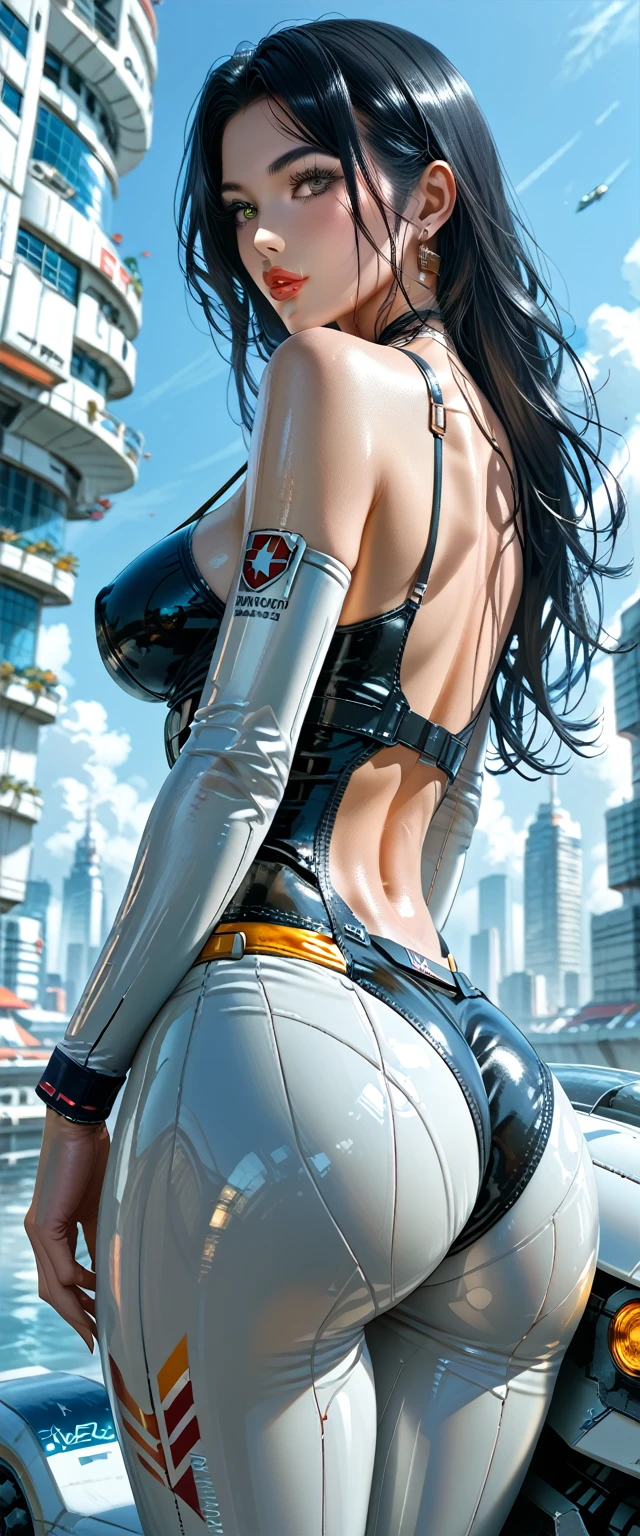 a woman from the future, wearing a futuristic mechanical suit. sexy body. nice ass, nice breasts, perfect face, honey colored eyes. long hair, jet black hair, painted lips, thin. in the background a Giant Japanese Robot, "Gundam" style, Titan robot. landscape of a futuristic city.