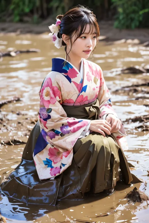 realistic, hakama, kimono, woman, furisode, clothes that stick to the skin, muddy clothes, clothes stained with mud, immersed in...