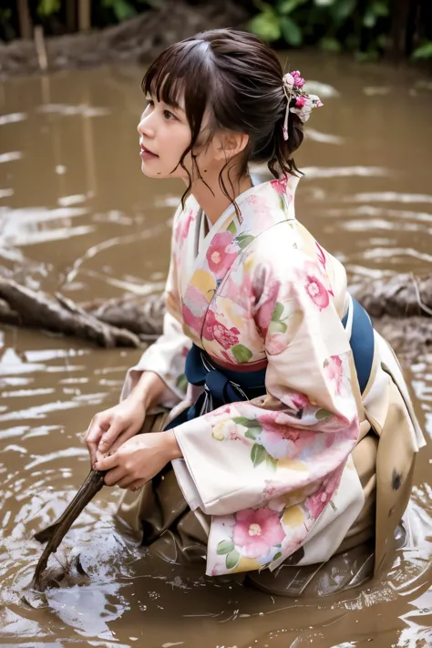 realistic, hakama, kimono, woman, furisode, clothes that stick to the skin, muddy clothes, clothes stained with mud, immersed in...