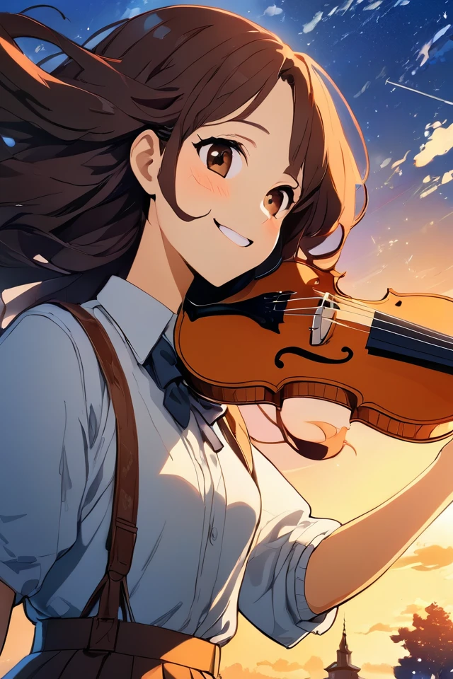 Against the background of the sunset sky, a girl with hair fluttering in the wind is smiling with a violin, the sky where the stars begin to shine, anime-style illustrations, high resolution, line drawings drawn in detail, warm colors, fantastic atmosphere 