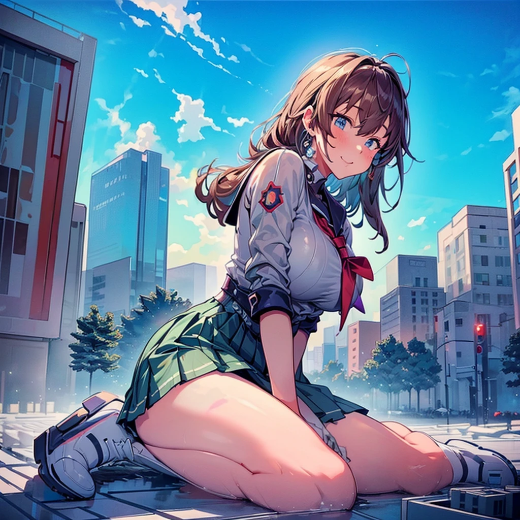 Composition seen from below Blue sky, thunderclouds, sunlight, masterpiece Delicate anime style painting 4K 90's Giant Girl, Female Titan Multiple crowds Big city crowd Many people ((Giant girl sitting in the valley of a skyscraper) High school student)) Big city, Tokyo Akihabara Electric Town, large breasts, high school girl, red school uniform, sailor suit, skirt, transparent costume, lots of sweat, splashes, sneakers, wristwatch, black hair, smile, female giant giant girl full body crowd Unreal Engine, cleavage, drawing, earrings, long hair, cute photo, beauty, analog style, whole body, sneakers, GTS, giant female giant, giant high school girl in the cleavage of buildings, skyscraper district, big city, school uniform,GTS, Giantess Female Giant, huge high school girl in the valley between buildings, skyscraper area, big city, school uniform