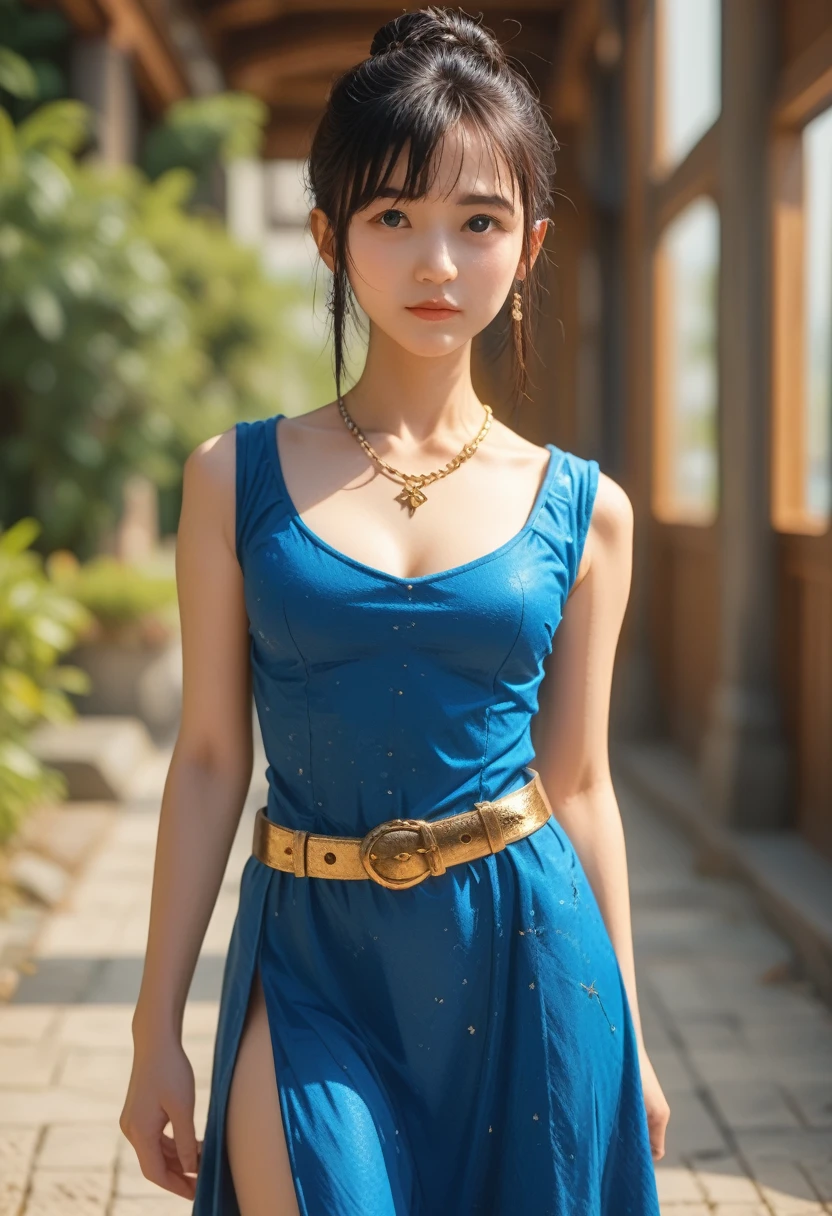 Arafeka in a blue dress with a golden belt and necklace, 3D rendering of characters 8k, trending on cgstation, Chengwei Pan on ArtStation, inspired by Lan Ying, 8K Artgerm Bokeh, High quality detailed 8K graphics, deviantart artstation cgscosiety, cgsociety 8k, cgsociety 8k