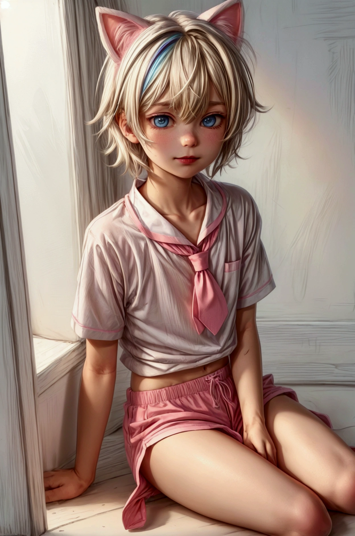 Anime style, Highres, Masterpiece, Best quality at best, Best Quality, hight quality, hight detailed, 1boy, blonde boy, perfect boy body, cute boy, detailed light blue eyes, short hair, messy hair, bangs, pastel rainbow inner hair color mesh, band on head with tiny cat ears, shy smile, puffy cat tail, wears pink sailor suit, white sailor shirt, boy chest, pink tie, Pink sailor mini shorts, beautiful legs, white stockings over knee, perfect school shoes, perfect boy body, sunny afternoon on the street, highest quality,