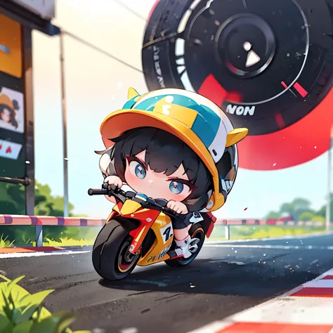 Little mascot girl, Rear view of a female racer racing on a road bike, Black Hair, Semi-long, stylish, Road Bike Racing, Behind the scenes of a heated battle between multiple road racers, speed, Elevate your mood, Panning View, A rear view of a female racer chasing another female racer ahead of her, Chasing from behind, Rear view，