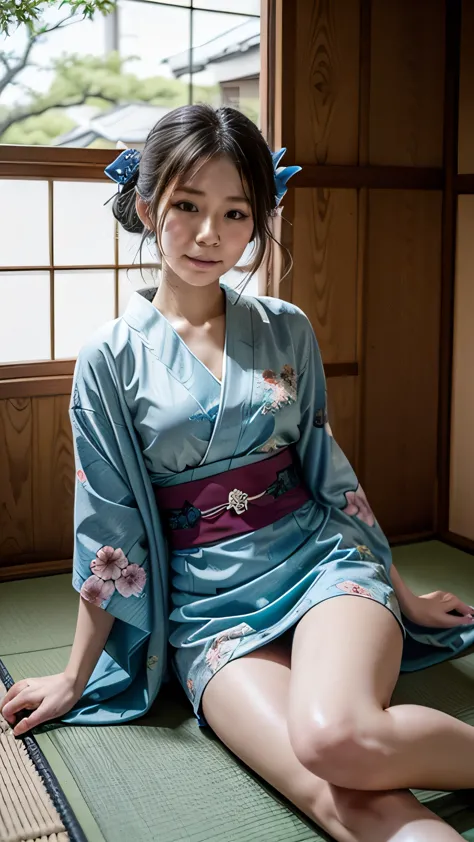 woman lying on futon、(light blue kimono with blue floral pattern:1.3、miniskirt kimono)、(sitting in a japanese house、girl&#39;s r...