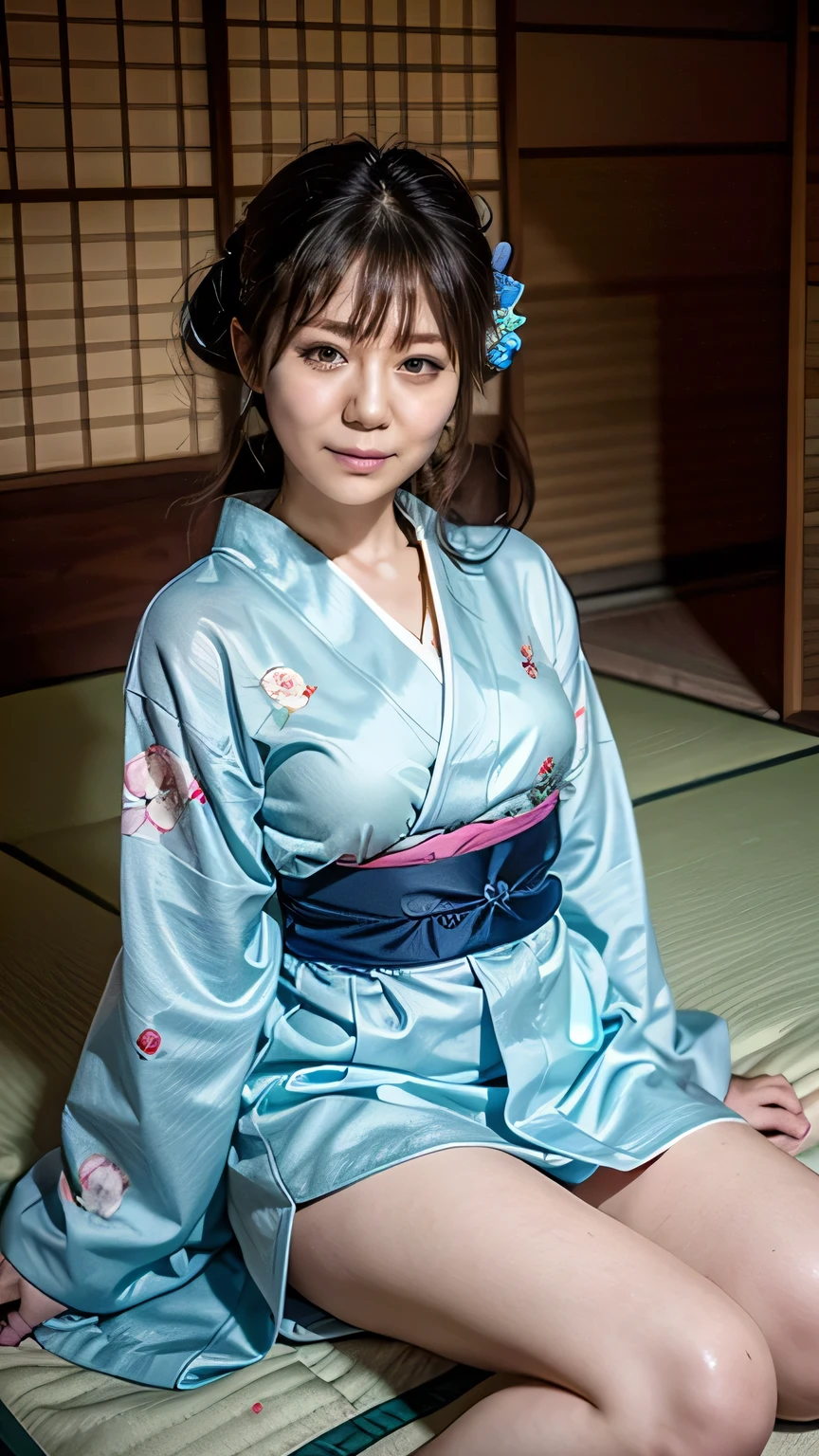 Woman lying on futon、(Light blue kimono with blue floral pattern:1.3、Miniskirt kimono)、(Sitting in a Japanese house、Girl&#39;s Room)、(Squint your eyes and laugh、A big smile)、(Realistic、As shown in the picture、Live Action、8k, Realistic, RAW Photos, Best image quality: 1.4), SLR camera、RAW Photos, Best Quality, Realistic, Highly detailed CG Unity 8k wallpaper, Written boundary depth, Cinematic Light, Lens Flare, Ray Tracing, Realistic background、Cleavage、((White skin))、 ((whole body:1.5))、(Long black hair、Put your hair up)、I like that style、stylish、Very detailed、Pay attention to the details、Perfect outfit、Top view