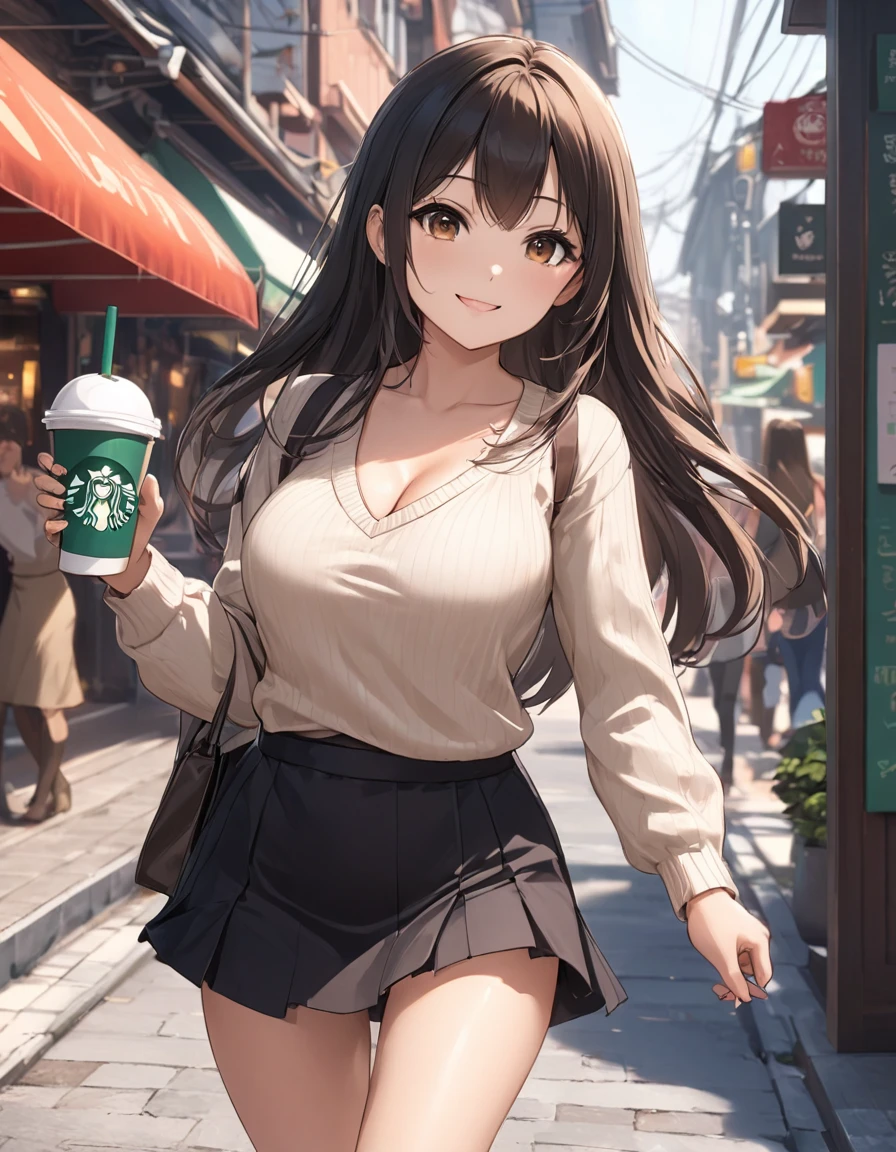 4k, bestquality, detailed, detailed scenery, detailed eyes, 1Girl, cute, adorable, straight hair, long hair, black hair, brown eyes, cleavage, smiling, looking at the camera, standing, blouse, V Neck Sweater, mini skirt, (walking action:1.3), motion, beautiful walking form, drinking a drink from a holding starbucks cup, Drink from a straw, drinking a coffee