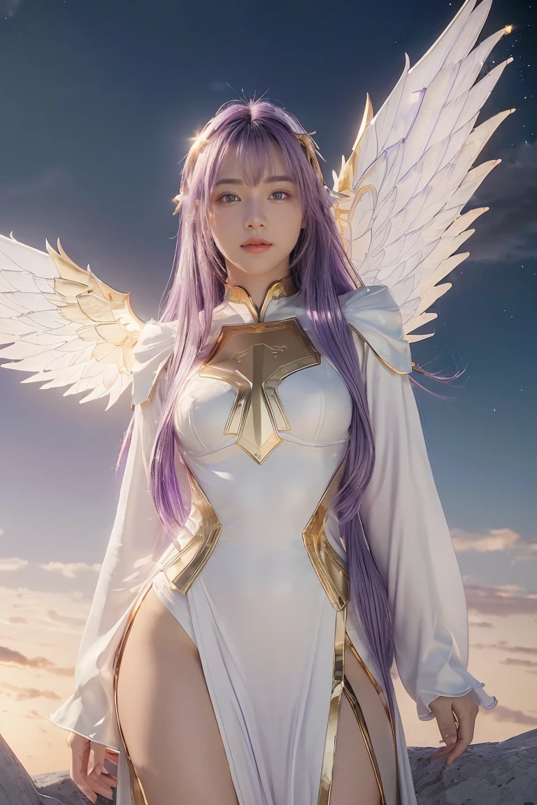 ((masterpiece, best quality, extremely detailed), volumetric lighting, ambient occlusion, colorful, glowing), 
1girl, solo, young girl, (purple hair), long hair, halo, aura, sacred, goddess, cleric suit, (white outfit with gold detailst:1.3), angel wings,
outdoors, sunset, sky, clouds, space, (fantasy theme:1.2),