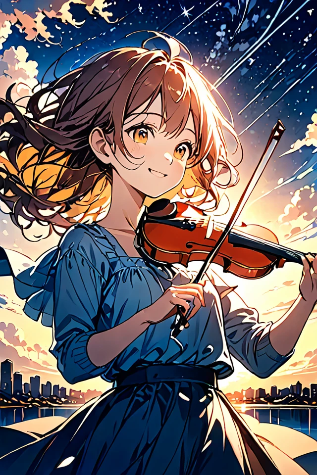 Against the background of the sunset sky, a girl with hair fluttering in the wind is smiling with a violin, the sky where the stars begin to shine, anime-style illustrations, high resolution, line drawings drawn in detail, warm colors, fantastic atmosphere 