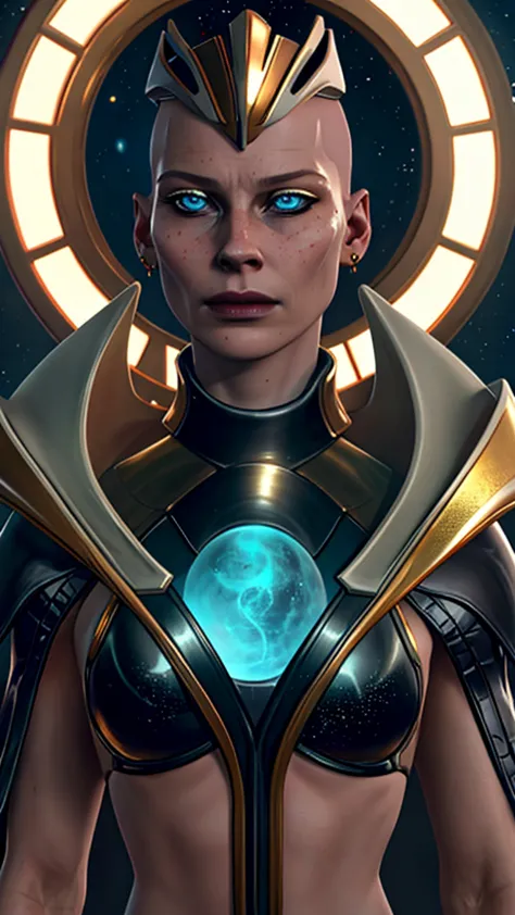 (tilda swinton) as kronika from mortal kombat, blue eyes, black sclera, bald, gold cap, robes, standing, abyss, giant hourglass,...