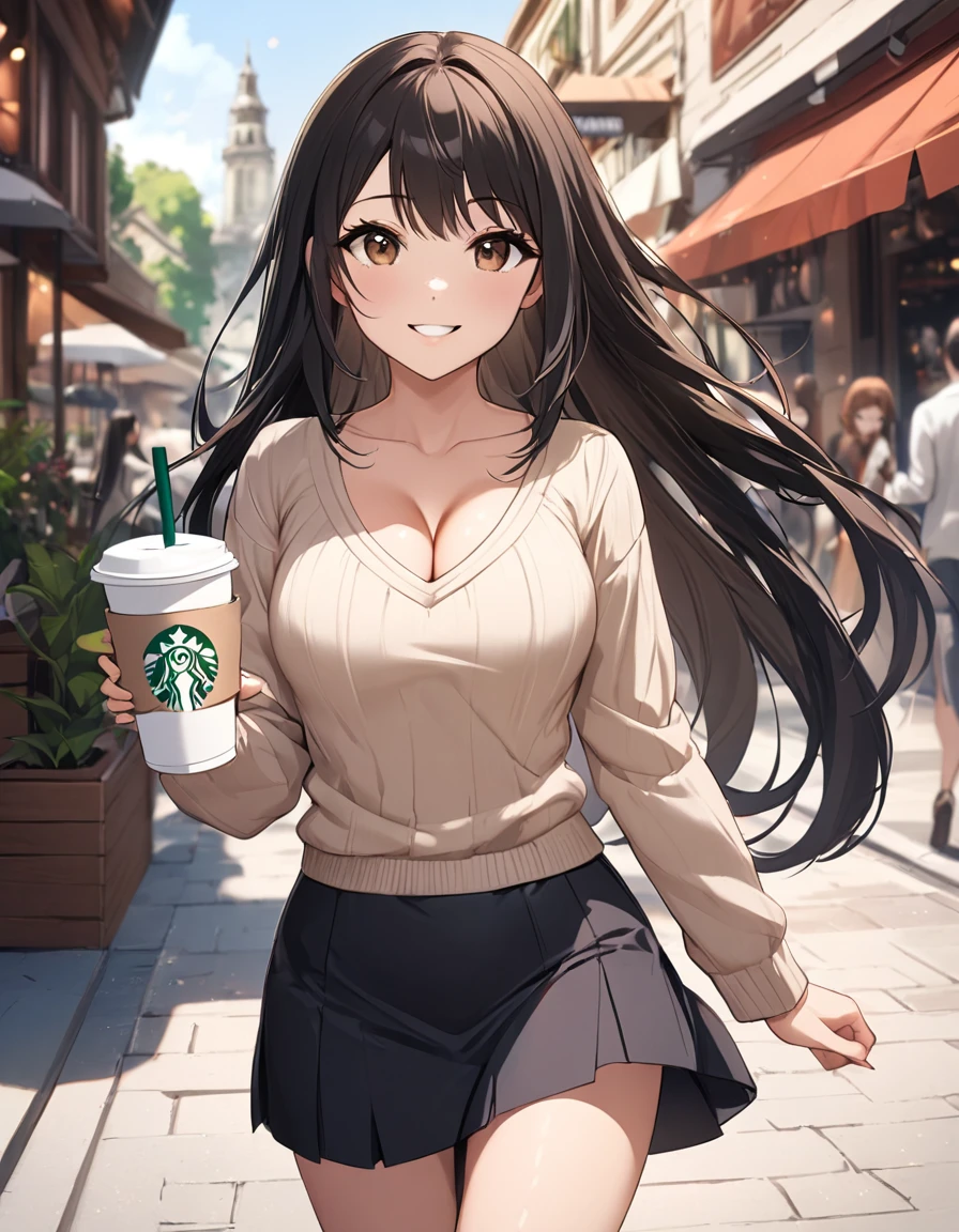 4k, bestquality, detailed, detailed scenery, detailed eyes, 1Girl, cute, adorable, straight hair, long hair, black hair, brown eyes, cleavage, smiling, looking at the camera, standing, blouse, V Neck Sweater, mini skirt, (walking action:1.3), motion, beautiful walking form, Holding a Starbucks cup and having the straw in her mouth