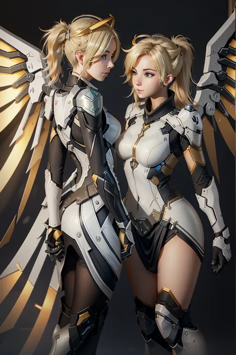 two girls, league of legends, overwatch, (((lux league of legends))), (((mercy overwatch))), (((lux suit league of legends))), (...