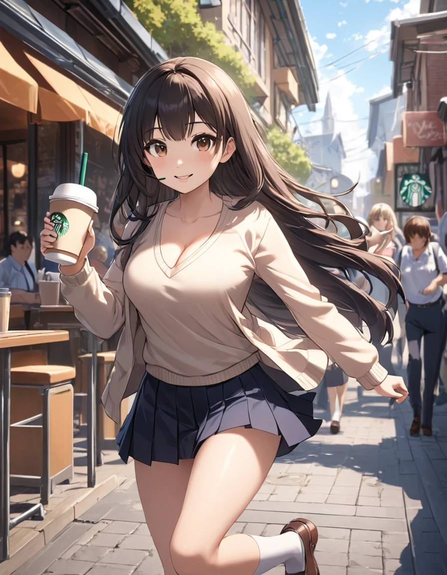 4k, bestquality, detailed, detailed scenery, detailed eyes, 1Girl, cute, adorable, straight hair, long hair, black hair, brown eyes, cleavage, smiling, looking at the camera, standing, school uniform, V Neck Sweater, mini skirt, (walking action:1.3), motion, beautiful walking form, Holding a Starbucks cup, and having the straw in her mouth