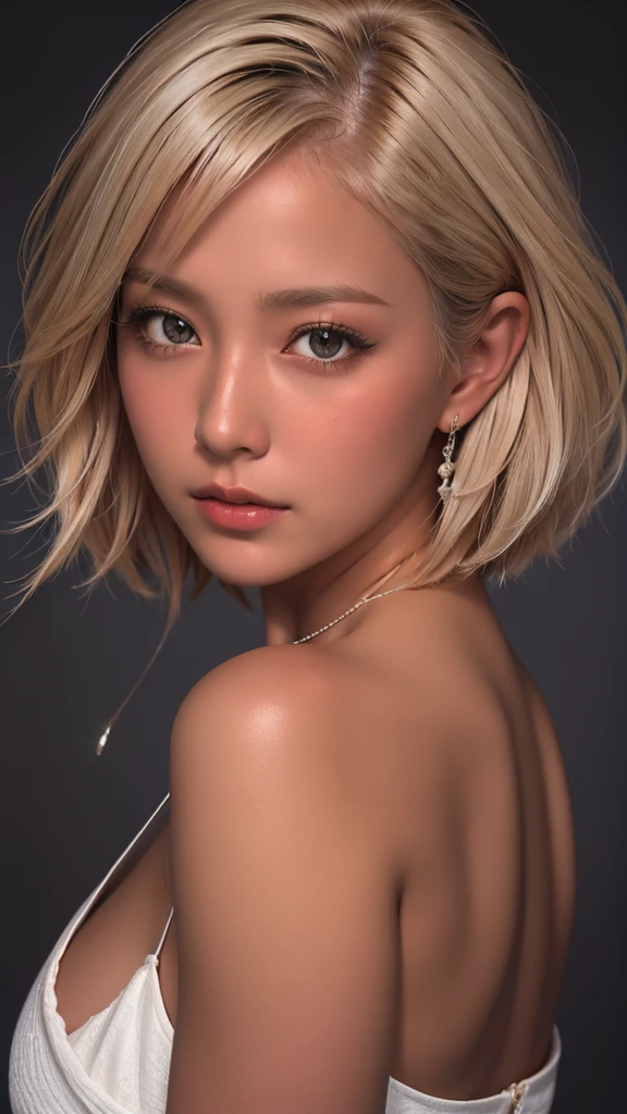 High resolution、masterpiece、Textured skin、high quality、Ultra high definition、Very detailed、woman、Short blonde hair parted in the center、Close-up of face、Looking at the camera、Large Breasts、Perfect Style、Long legs、