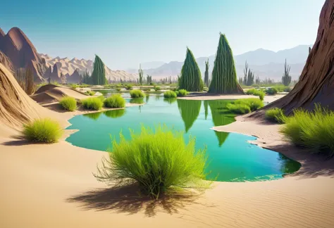 art photography，一个现代化的desert，future cities，prospect，一大片graceful的，willow，graceful，，willow， desert中的一片oasis，oasis，俯瞰角度desert，deser...