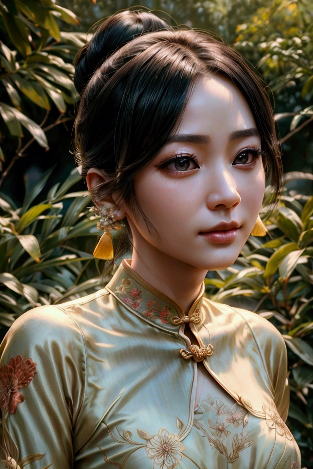 Beautiful woman in Chinese cheongsam、Detailed facial features、Elegant pose、A lush garden filled with blooming flowers、tree々Sunlight shining through the gaps、Cinematic lighting、Warm tones palette、(Best Quality、4K、8k、High resolution、masterpiece:1.2)、Super detailed、(Real、Photorealistic、Photorealistic:1.37)、Intricate embroidery on the dress、Graceful Movement、Detailed fabric texture、Natural background、Serene atmosphere