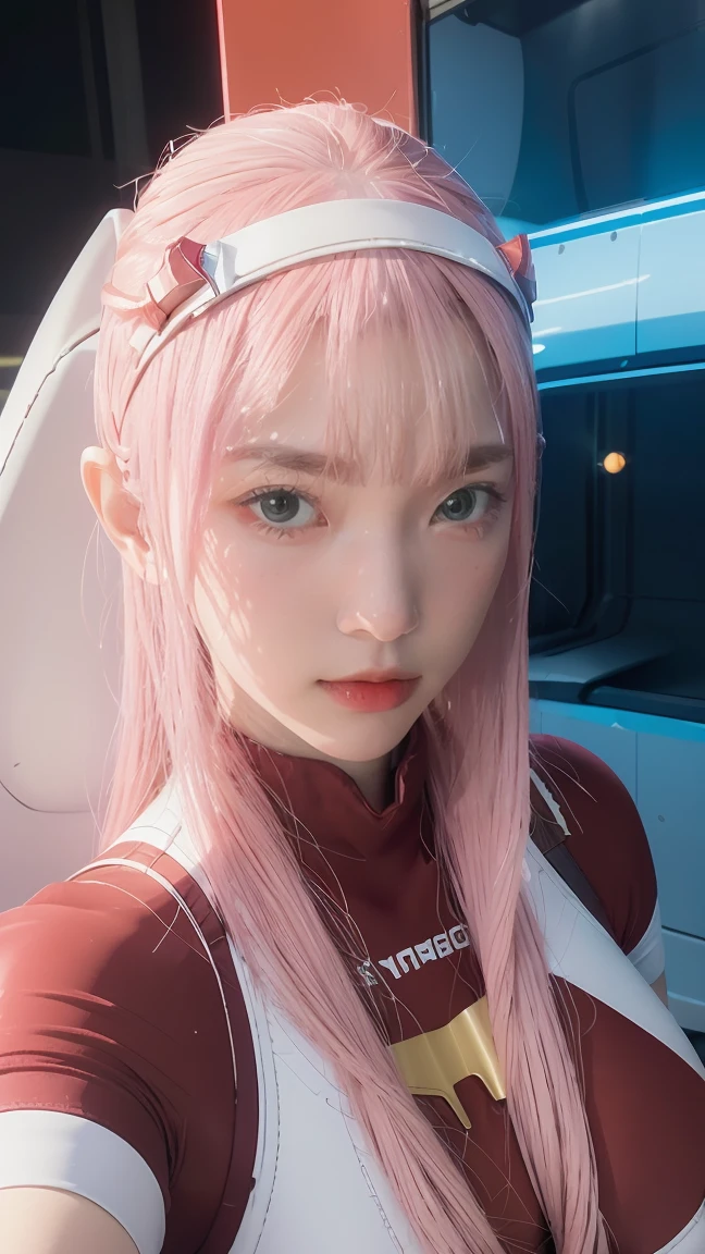 (Overhead view),dynamic angle,ultra-detailed, illustration, close-up, straight on, 1girl, ((Zero two, interface headband with a pair of hornst, red bodysuit:1.4, pink hair)),Her eyes shone like dreamy stars,(glowing eyes:1.233),(beautiful and detailed eyes:1.1),(expressionless, closed mouth),(standing), (mechanic room with tools and spaceship windowin a white SPACESHIP), (night:1.2),dreamy, [[delicate fingers and hands:0.55]::0.85],(detail fingers),