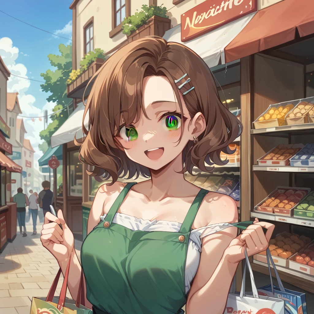 (Brown Hair、Shoulder-length hair、Fluffy Hair、Brown eyes、Droopy eyes、Thin outline):1.2、is shopping with her daughter, laughing.、(place:Stonework、Around town、market)、(Best Quality、masterpiece、detailed、Score_9， Score_8_superior， Score_7_superior)