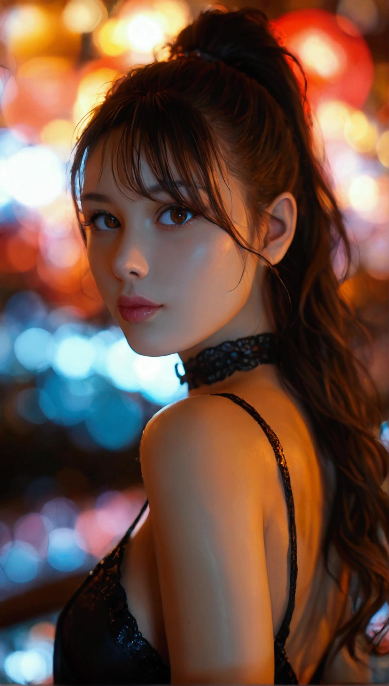 core_9, score_8_up, score_7_up, 1girl, solo, long hair, saghing breasts, looking at viewer, medium breasts, brown hair, bare shoulders, brown eyes, closed mouth, upper body, ponytail, japanese clothes, sleeveless, choker, blurry, arm up, lips, parted bangs, sash, blurry background, high ponytail, nude, A sultry blonde bombshell, with luscious locks and subtle blond tips, sashays shamelessly across the dimly lit bar. Shallow depth of field and Chiaroscuro Lighting Style create a dramatic atmosphere, partially covering her in shadow. The crowd blends into the background as she strikes a provocative pose, bathed in a warm glow, (extremely soft breasts, breasts apart), Lens flare: 0.4, Cinematic Bokeh: 1.3,Expressiveh,concept art,dark theme,Painstaking Attention To Details