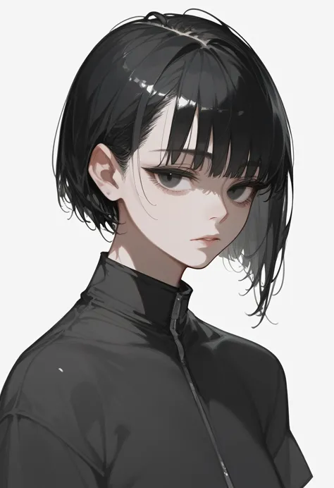 girl 1, short black hair cut, empty black eyes, photographed at the level of the face