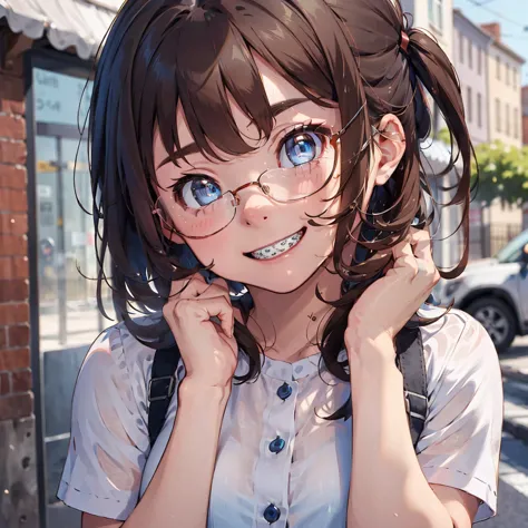 one girl, seductive eyes, blush, cute, blue eyes, brown hair, glasses, braces, smiling, face focus, best quality, masterpiece, h...