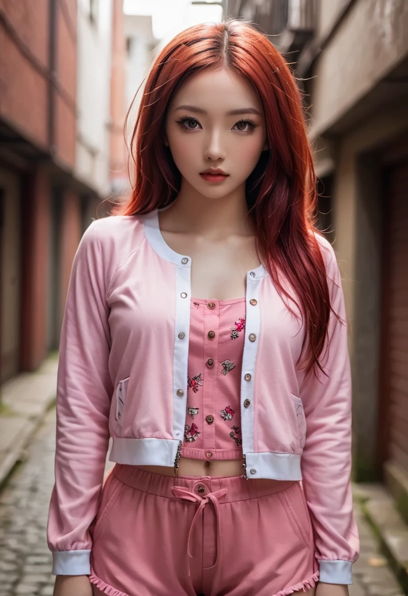 A young woman with beautiful detailed eyes, long flowing red hair, and a red headpiece, standing alone in a dimly lit alleyway with graffiti-covered brick walls, wearing a glowing pink shirt, tattered shorts, an open jacket, and a turtleneck, looking directly at the viewer with sharp, amber-colored eyes, jewelry adorning her face and neck, under muted, atmospheric lighting.