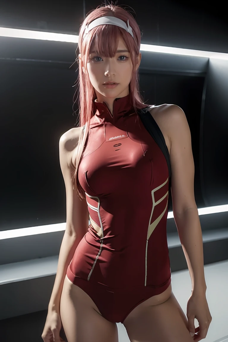 A beautiful woman with a thin, athletic body wearing a tight,red spandex bodysuit, posing as a top model, full body shot, (best quality,4k,8k,highres,masterpiece:1.2),ultra-detailed,(realistic,photorealistic,photo-realistic:1.37),intricate details, advanced technology, futuristic gadgets, dynamic lighting, cinematic, dramatic composition, pink hair, headband with a pair of horns,