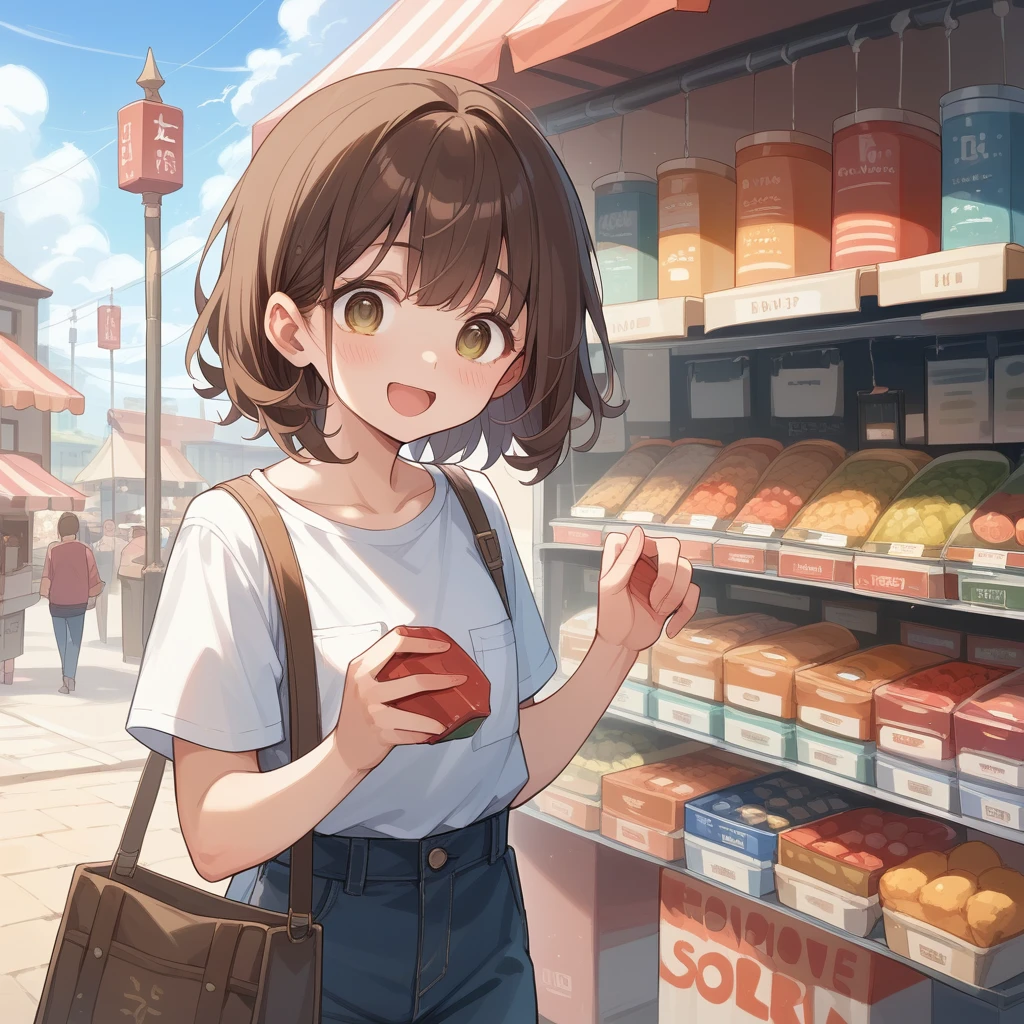 (Brown Hair、Shoulder-length hair、Fluffy Hair、Brown eyes、Droopy eyes、Thin outline):1.2、is shopping with her daughter, laughing.、(place:Stonework、Around town、market)、(Best Quality、masterpiece、detailed、Score_9， Score_8_superior， Score_7_superior)