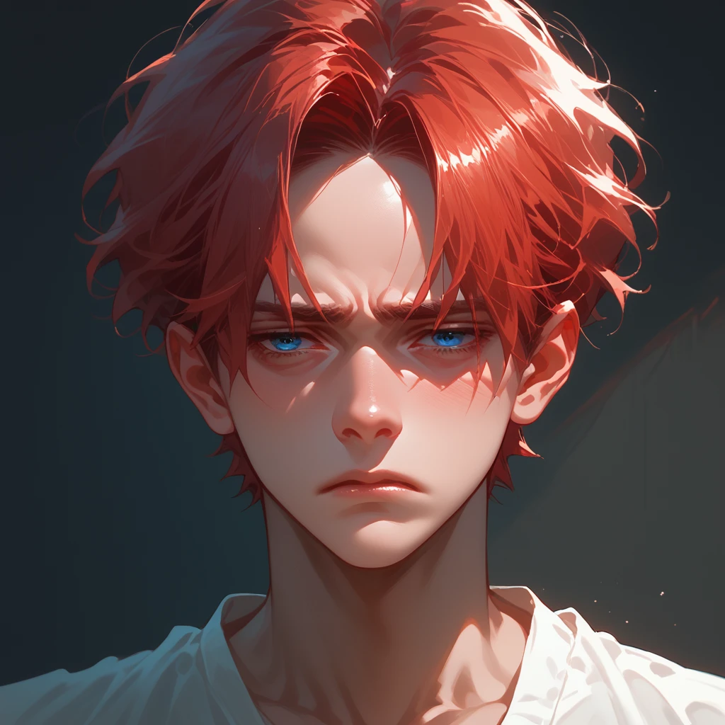 a boy, pretty face, dark blue eyes, tired look, black room, eyes on the beholder, physically strong, anime, hentai, red hair