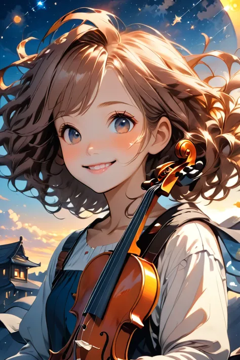 against the background of the sunset sky, a girl with hair fluttering in the wind is smiling with a violin, the sky where the st...