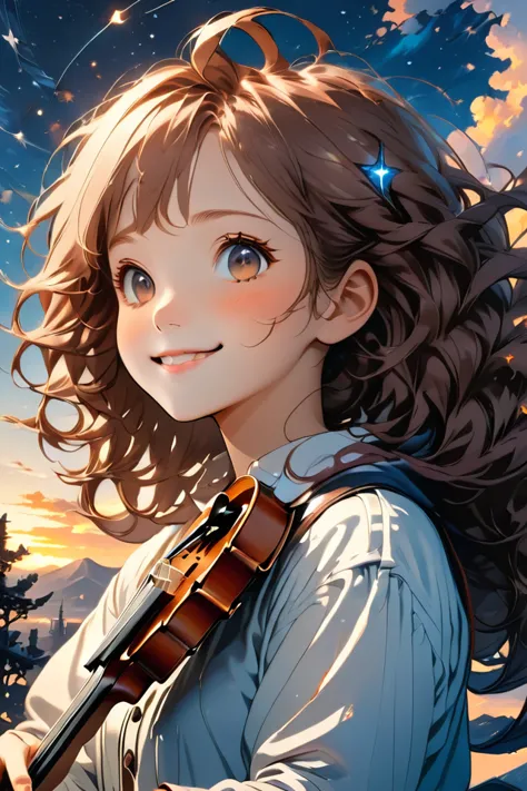 against the background of the sunset sky, a girl with hair fluttering in the wind is smiling with a violin, the sky where the st...