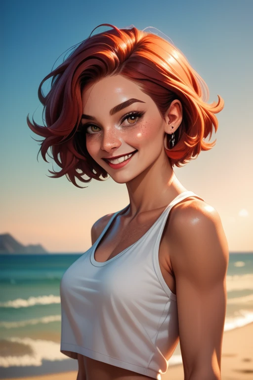 1 college woman; age 18; Slender, athletic; bright red hair; expressive light brown eyes with black pupils; attractive; lightly tanned skin; freckles on face; smiling; very large bust; trending on artstation; complex volumetric lighting; strong shadows; artistic lighting; dynamic; energetic vibe; realistic skin; specular highlights; micro-textures; highly detailed hair; wearing a white tank top; sitting on the beach at sunset with vibrant hues in the sky; beautifully detailed; epic focus; concept art; character design; using Unreal Engine; including artists like Loish; Rhads; Beeple; Makoto Shinkai; Lois van Baarle; Ilya Kuvshinov; RossDraws; Tom Bagshaw; Alphonse Mucha