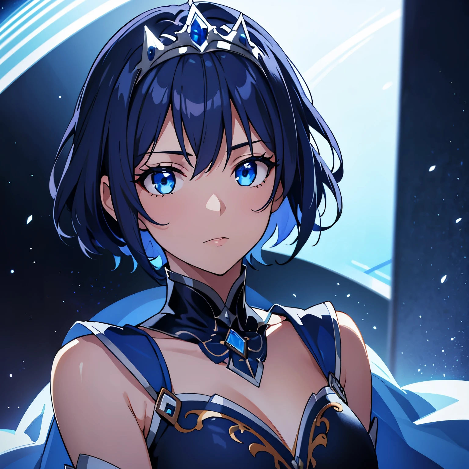 High resolution, 4k ultra sharp, 1 woman, dark blue hair, short hair, blue eyes, tiara, princess dress, circlet