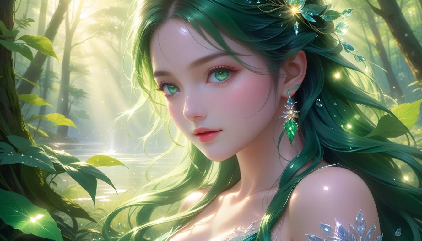 A Masterpiece In 32K Resolution, Supreme Quality, Super Detail, Official Art, Very High-Resolution 32K Wallpaper, Serene And Aesthetic, Ultra-Detailed Features, Awe-Inspiring Detail. A Lush Forest With (Sunlight Filtering Through Leaves), (Dew-Drops On The Grass), And Skin With A Gentle, Dewy Glow (Highlight Her Ample Breasts). A Girl With A Soft, Thoughtful Expression, Flowing Dark Green Hair, Cascading Like Vines, And Bright Emerald Eyes That Sparkle With Life. Her Features Are Delicate And Breathtaking, Wrapped In (Sunlit Forest Shadows). (Beautifully Detailed Beauty), With Gentle Expressions That Echo The Peaceful Atmosphere. The Water Reflects The Forest's Rich Colors, And Her (Graceful Face) Is Brought To Life With Unmatched Precision. This Original Artwork Captures The Essence Of Nature, Showcasing A Figure Both Harmonious And Incredibly Detailed.