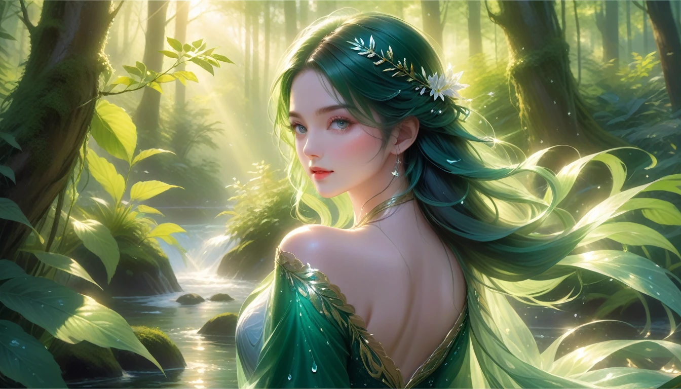 A Masterpiece In 32K Resolution, Supreme Quality, Super Detail, Official Art, Very High-Resolution 32K Wallpaper, Serene And Aesthetic, Ultra-Detailed Features, Awe-Inspiring Detail. A Lush Forest With (Sunlight Filtering Through Leaves), (Dew-Drops On The Grass), And Skin With A Gentle, Dewy Glow (Highlight Her Ample Breasts). A Girl With A Soft, Thoughtful Expression, Flowing Dark Green Hair, Cascading Like Vines, And Bright Emerald Eyes That Sparkle With Life. Her Features Are Delicate And Breathtaking, Wrapped In (Sunlit Forest Shadows). (Beautifully Detailed Beauty), With Gentle Expressions That Echo The Peaceful Atmosphere. The Water Reflects The Forest's Rich Colors, And Her (Graceful Face) Is Brought To Life With Unmatched Precision. This Original Artwork Captures The Essence Of Nature, Showcasing A Figure Both Harmonious And Incredibly Detailed.