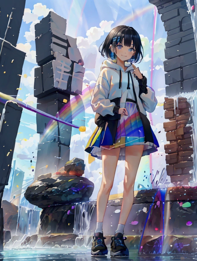 Best Quality, 4K, 8k、rainbow色のキューブを持っている女性,Seven colored cubes floating in the hand,Ultra-mysterious,Black short hair,Strong winds,Clear blue eyes、Calm face,Black hoodie,White Skirt,Standing,Black sneakers,rainbow色の光,7 cubes,smile,Best scene,rainbow,Light from above,Enveloped in light,rainbow色のキューブに座っている、Bright atmosphere、Oblique angle