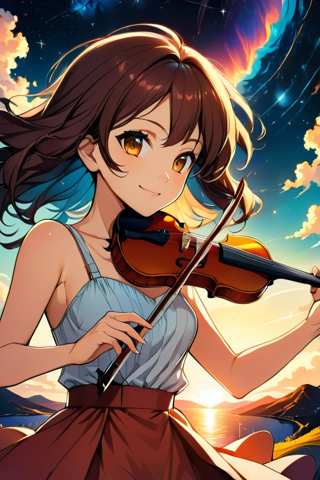 Against the background of the sunset sky, a girl with hair fluttering in the wind is smiling with a violin, the sky where the stars begin to shine, anime-style illustrations, high resolution, line drawings drawn in detail, warm colors, fantastic atmosphere 