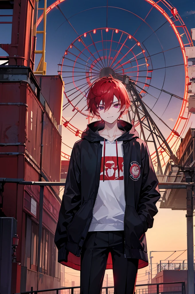 Face through torso, 1man, mature male in his 20s, short hair(Red hair, hair between eyes), sharp and masculine purple eyes(no highlights), sinister smile, mysterious aura like a mastermind behind all events, wearing white hoodie under casual jacket, black pants, controlling red death energy, standing in front of a closed amusement park's Ferris wheel at night with a blood-red moon in the background